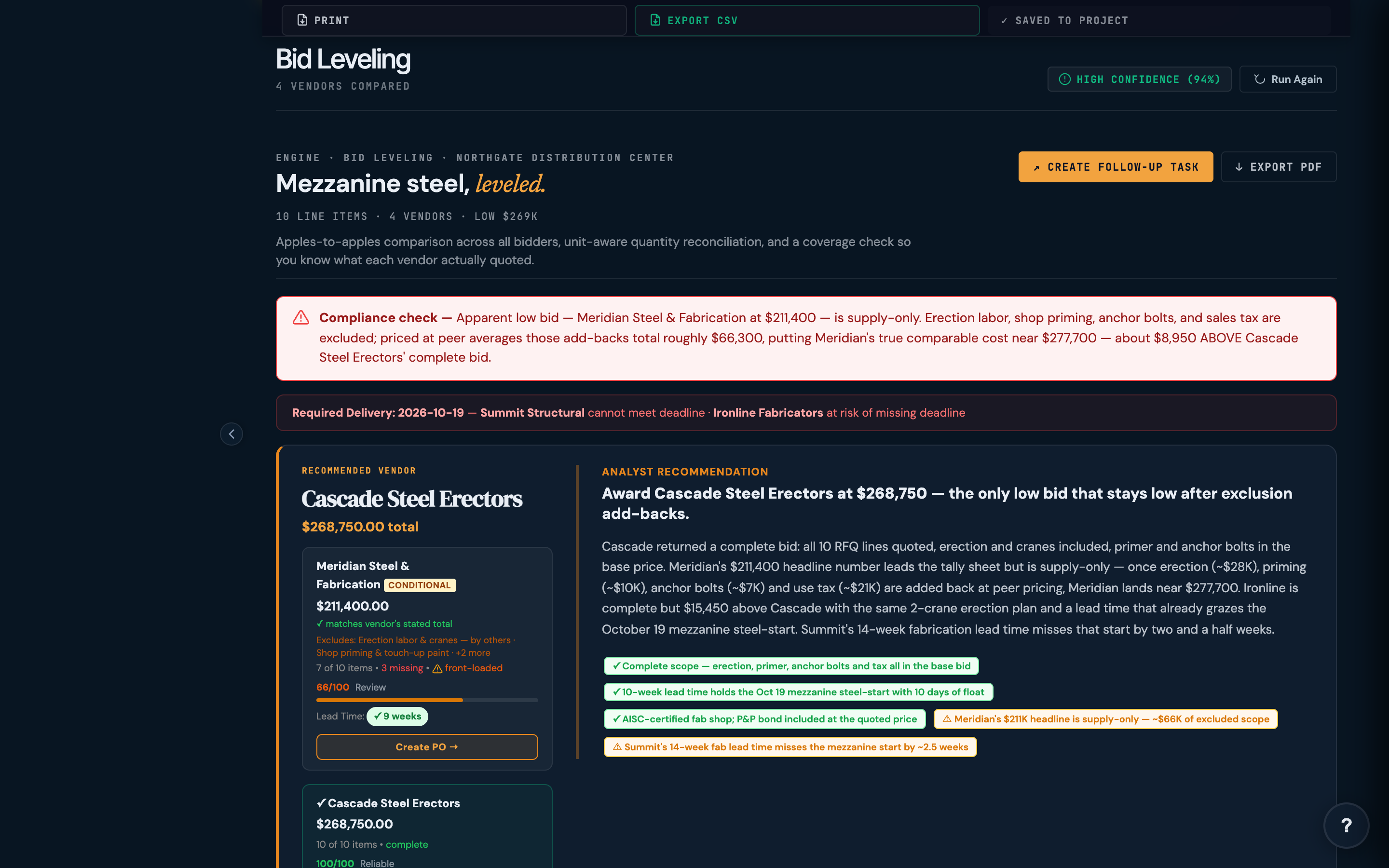 Trueleveler Bid Leveling result screen comparing four steel vendors, flagging the apparent low bid as supply-only and recommending the vendor whose bid stays low after exclusion add-backs
