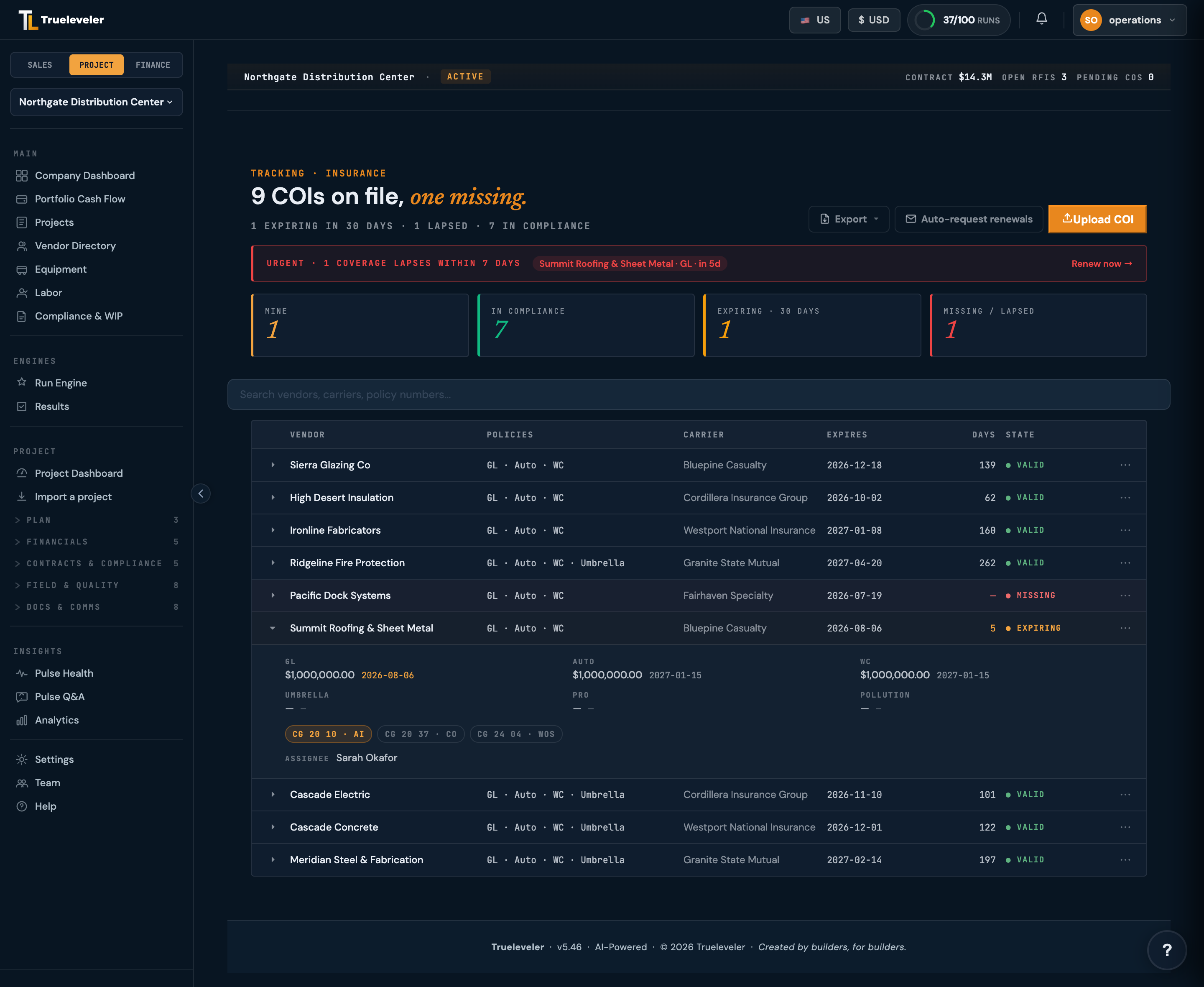 Trueleveler COI tracker: vendor certificate grid with policies, carriers, expiry countdowns, a lapse alert, and one sub expanded to per-policy coverage limits