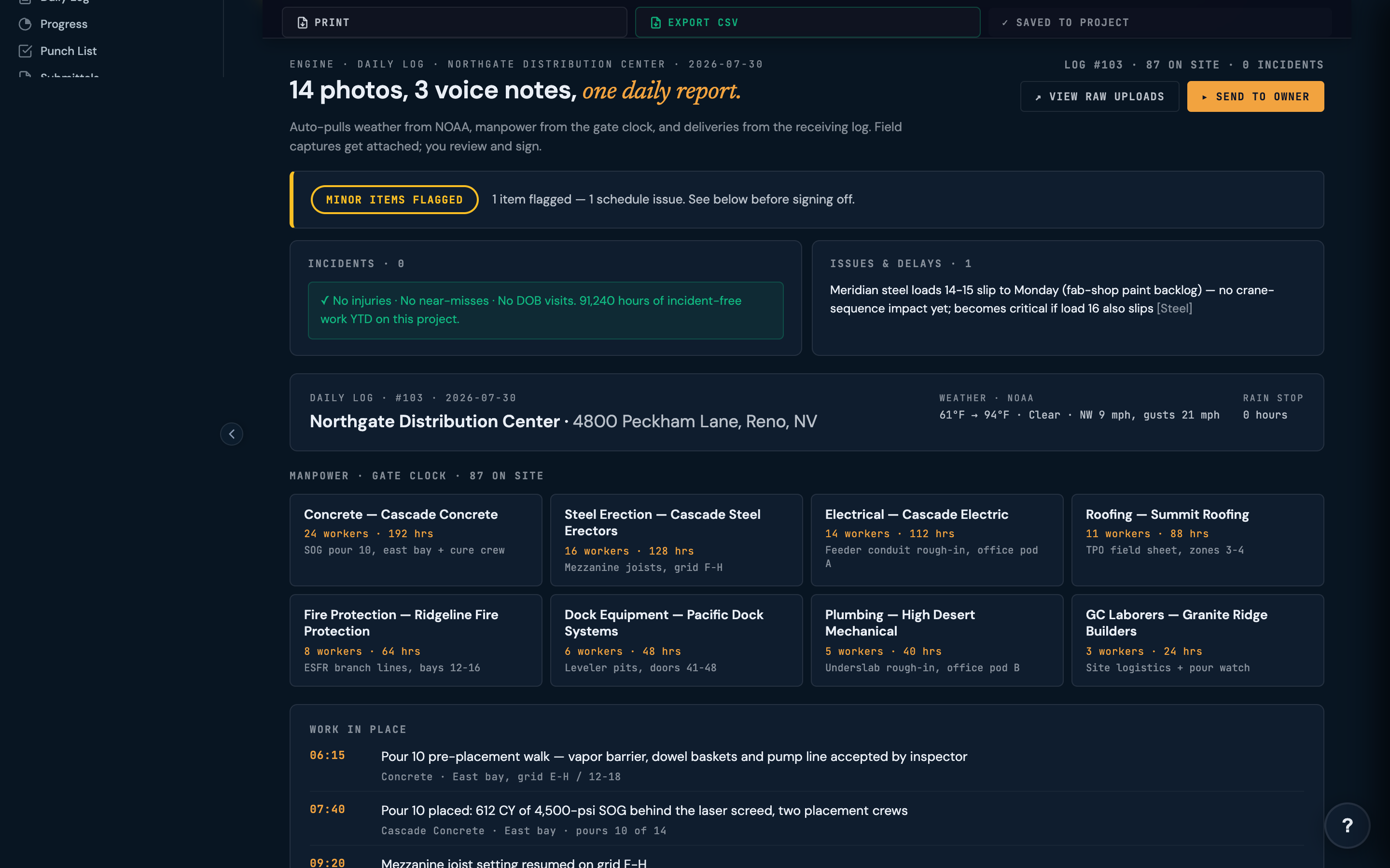 Synthesized daily log built from 14 photos and 3 voice notes, with NOAA weather, per-trade manpower counts from the gate clock, and a timestamped work-in-place feed