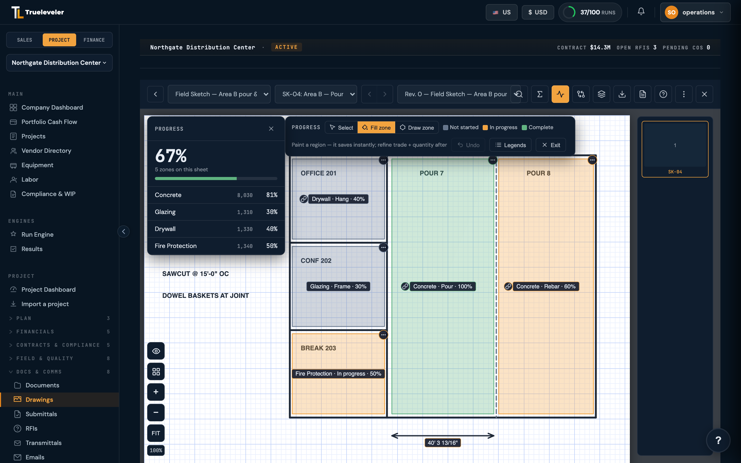 Trueleveler Progress painter: color-coded zones flood-filled on a plan sheet, per-trade percent complete with quantities, and a 67 percent sheet rollup