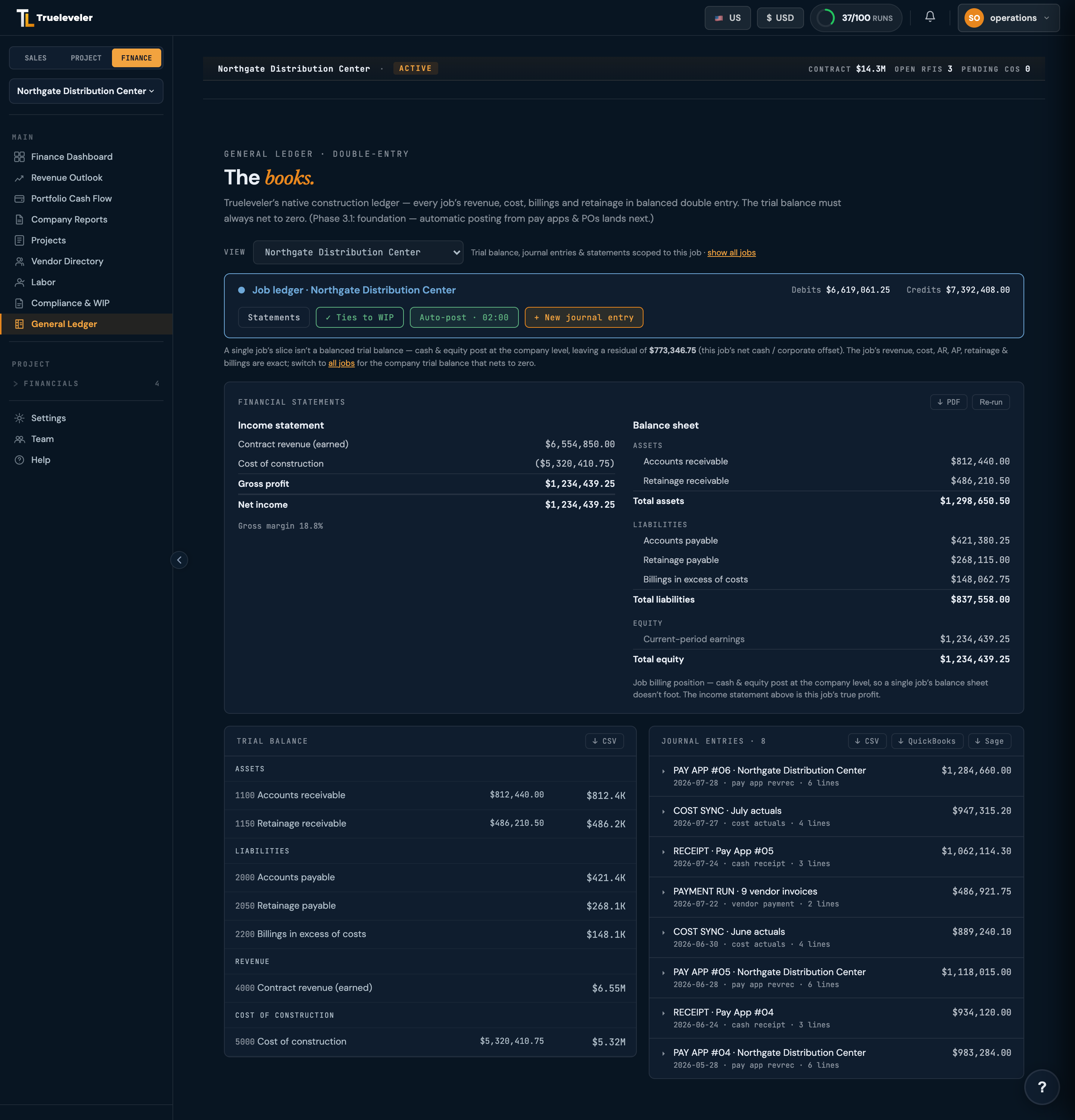 Trueleveler job ledger: income statement and balance sheet for one project, with the trial balance and journal entries posted from pay apps, receipts, and cost syncs
