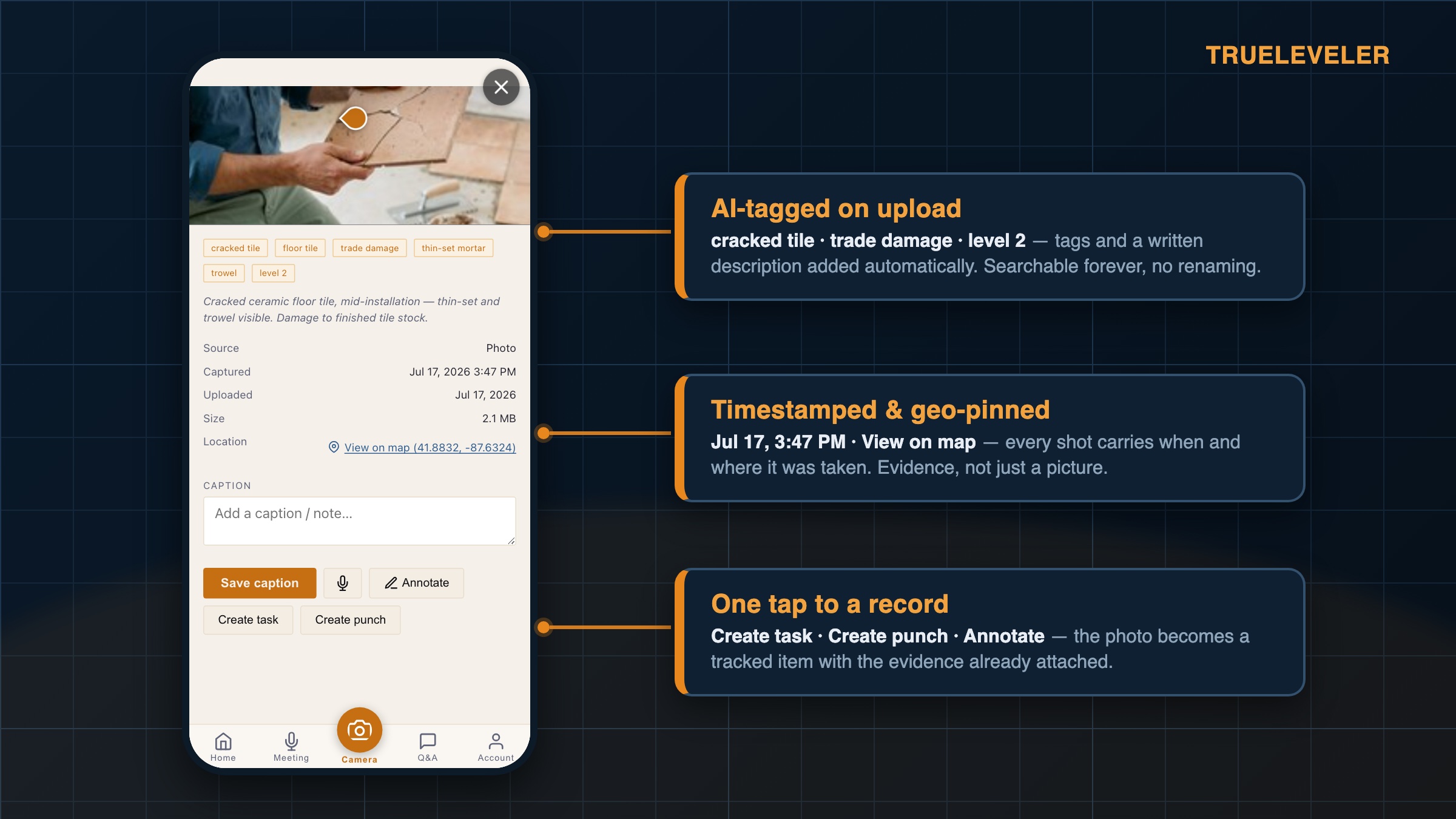 The Trueleveler photo tool: a jobsite photo AI-tagged cracked tile and trade damage, timestamped Jul 17 3:47 PM, geo-pinned with View on map, and one-tap Create task / Create punch buttons