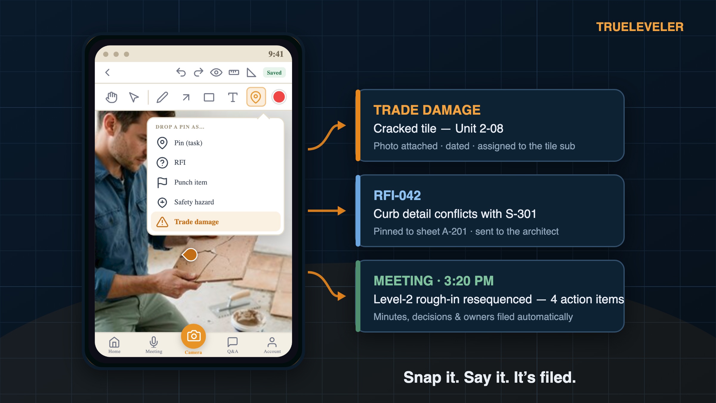 A phone on a jobsite turning a pinned photo and a voice recording into an RFI, a punch item, and filed meeting minutes